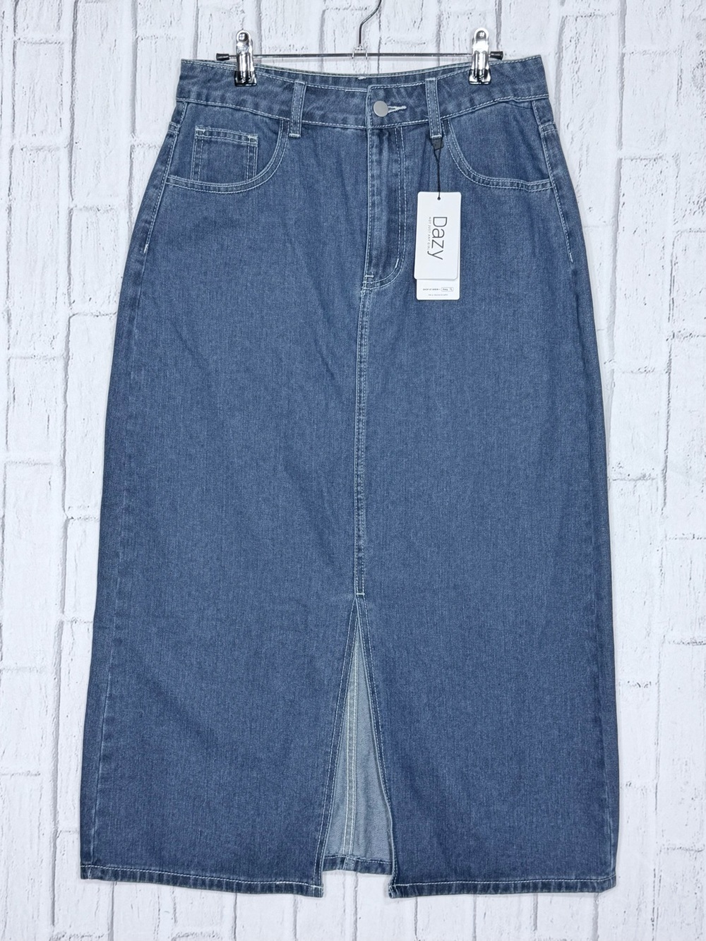 🦋 Dazy Medium Wash Denim MIDI Skirt Front Slit High Waist Large NWT